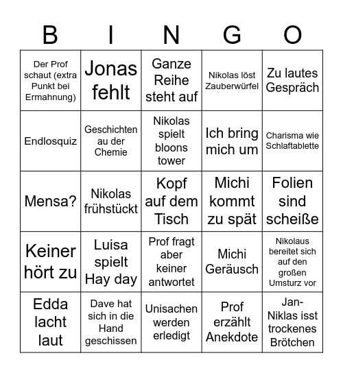Vorlesung (körperlich anwesend) Bingo Card