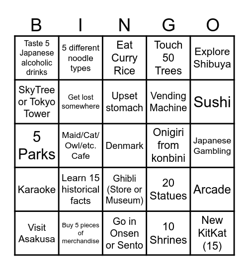 Tokyo Bingo Card