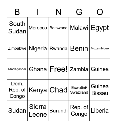 Africa Bingo Card