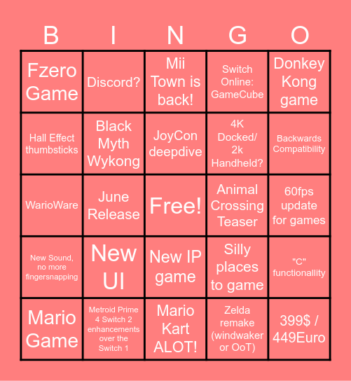 Nintendo 2 Direct Bingo Card