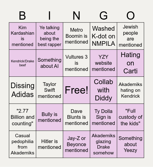 Ye x  DJ Akademiks Interview Bingo Card