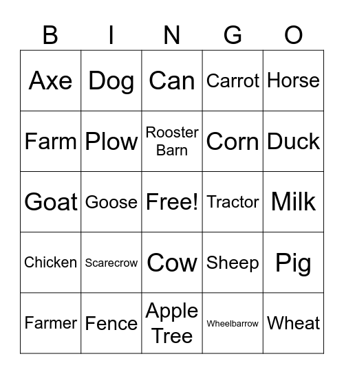 FARMYARD BINGO Card