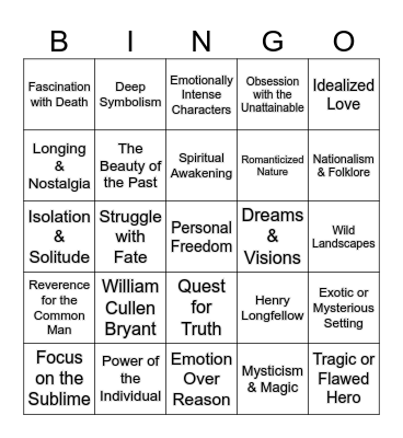 Romanticism and Transcendentalism Bingo Card