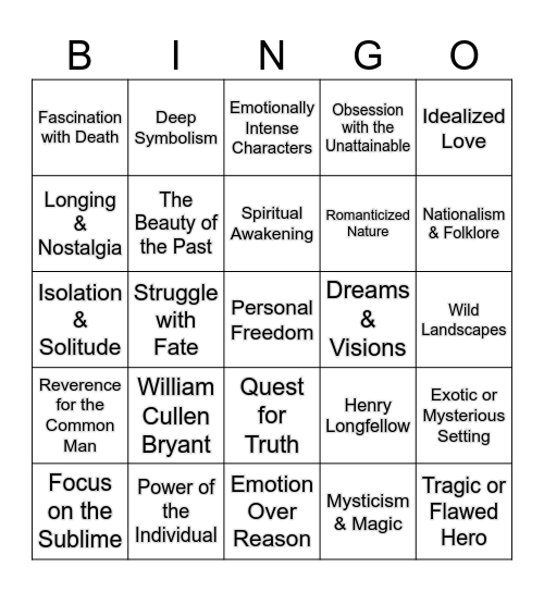 Romanticism and Transcendentalism Bingo Card
