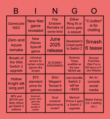 Nintendo Switch 2 Direct Bingo Card