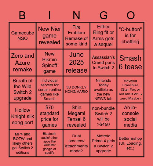 Nintendo Switch 2 Direct Bingo Card
