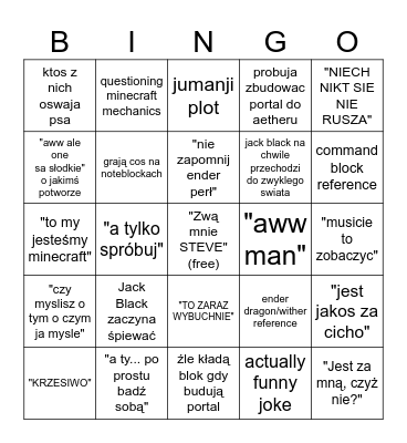 minecraft movie bingo Card