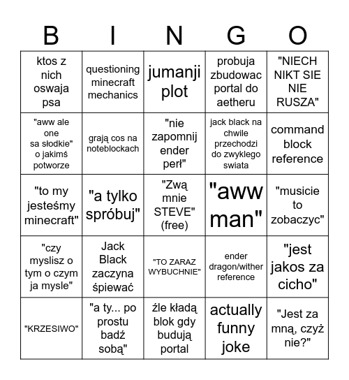 minecraft movie bingo Card