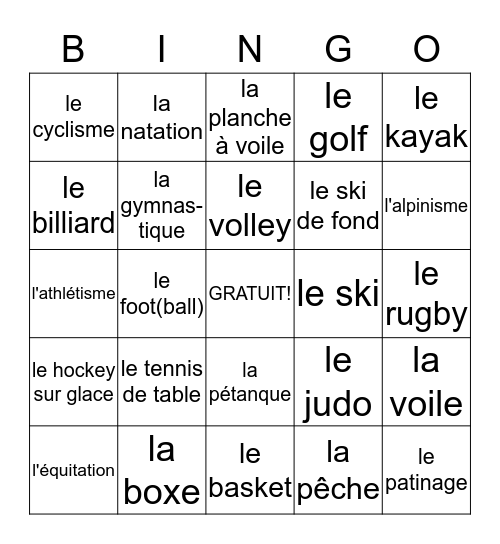 Les sports Bingo Card