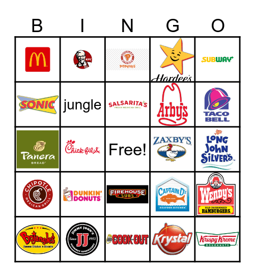 Fast Food Bingo Card
