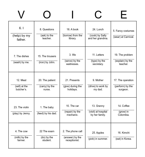 Passive Voice Bingo Card