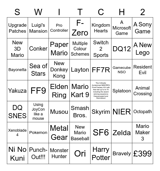 Switch 2 Direct Bingo Card
