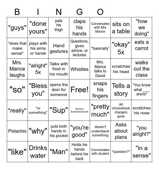 Mr O'Connor Bingo Card