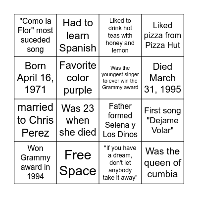 Selena Quintanilla Bingo Card