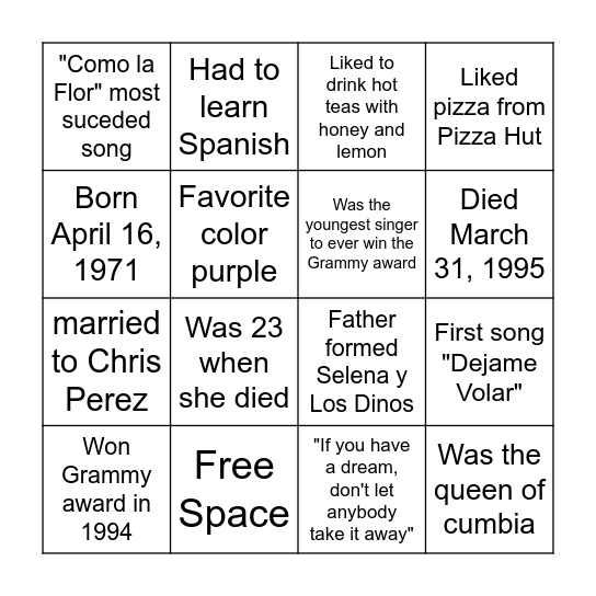 Selena Quintanilla Bingo Card