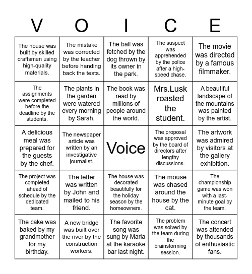 Passive/Active Bingo Card