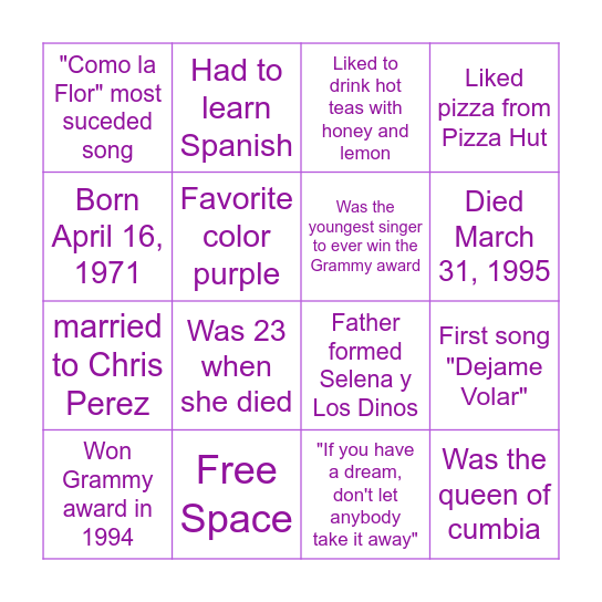 Selena Quintanilla Bingo Card