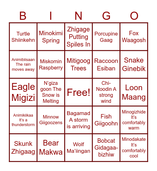 Anishinaabemowin Bingo: Spring Words Bingo Card