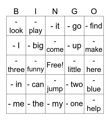 Kinder Sight words Bingo Card