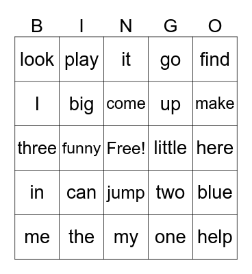 Kinder Sight words Bingo Card