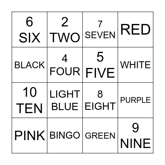 Colors and numbers Bingo Card