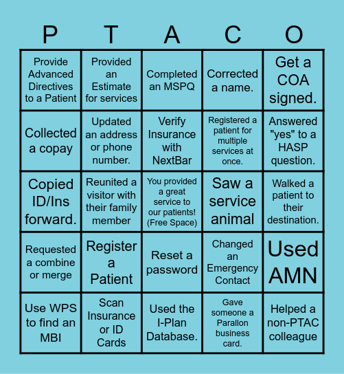 Patient Access Bingo! Bingo Card