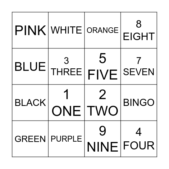 Colors and numbers Bingo Card