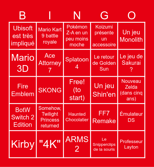Nintendo Switch 2 Direct Bingo Card
