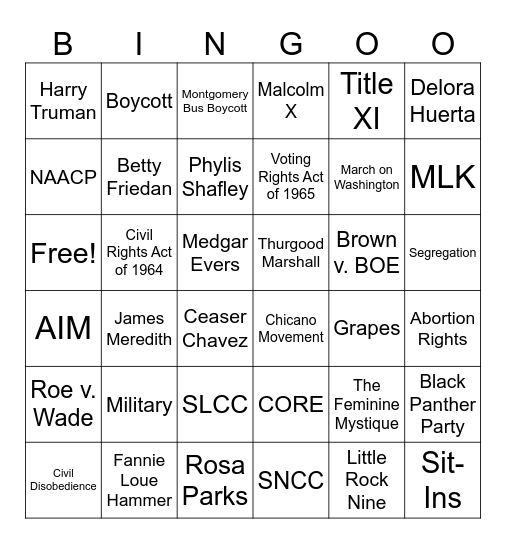 Civil Rights Bingo Card