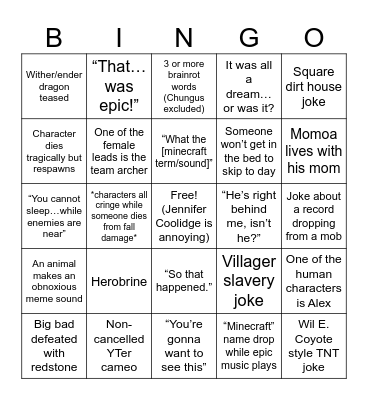 Minecraft Movie Bingo Card