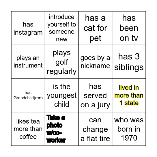 Mingle Bingo- Mark off ALL boxes below Bingo Card