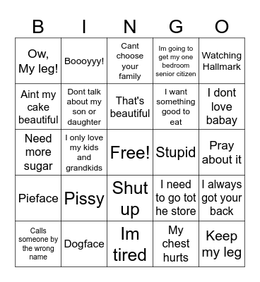 Grandma's Secret Sayings Bingo Card