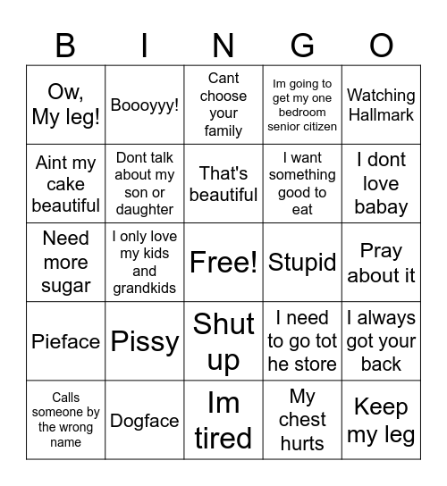 Grandma's Secret Sayings Bingo Card