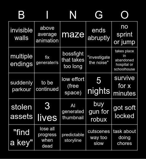 bad roblox horror games Bingo Card