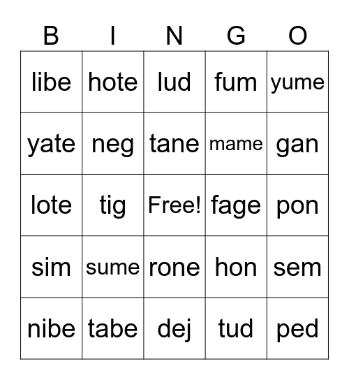 CVC & CVCe Nonsense Bingo Card