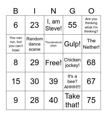 Minecraft movie bingo Card