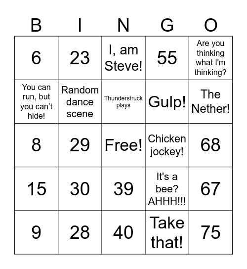 Minecraft movie bingo Card