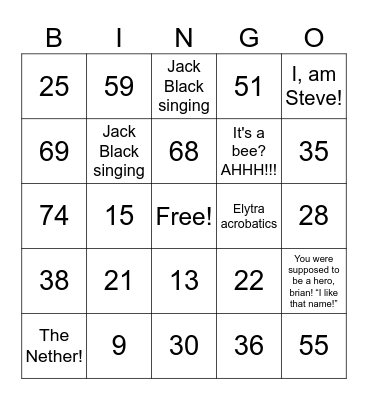 Minecraft movie bingo Card