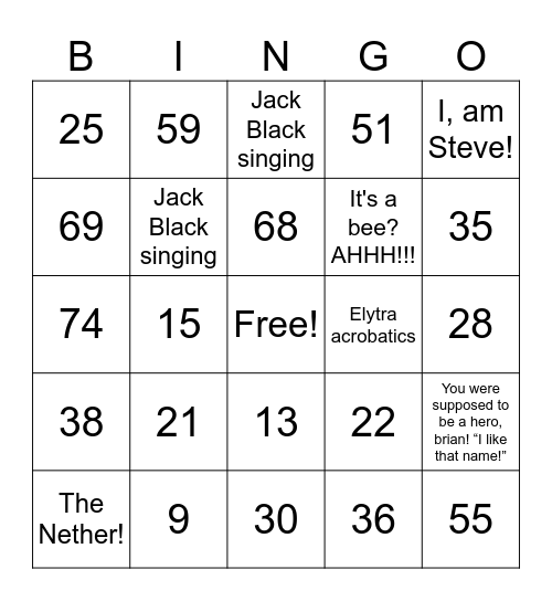 Minecraft movie bingo Card