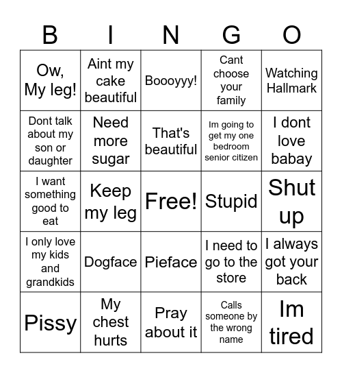Grandma's Secret Sayings Bingo Card