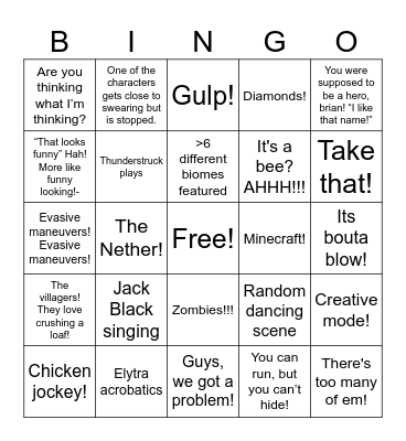 Minecraft Movie Bingo Card