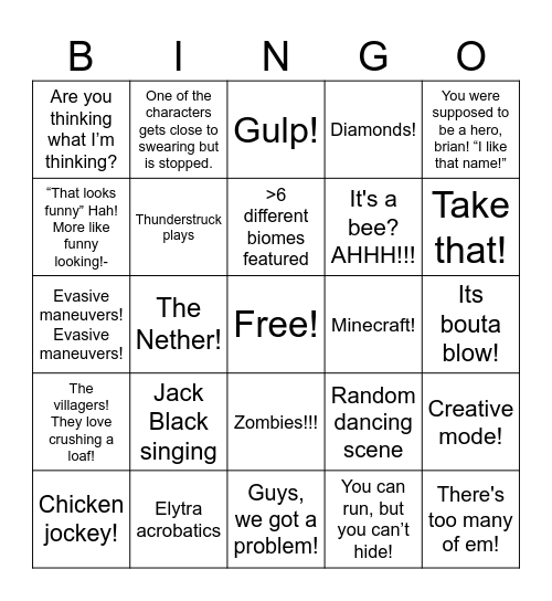 Minecraft Movie Bingo Card