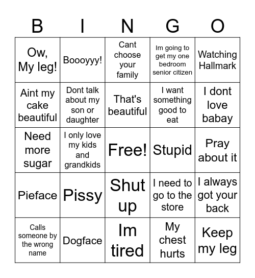 Grandma's Secret Sayings Bingo Card