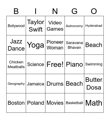 Student Interests Bingo Card