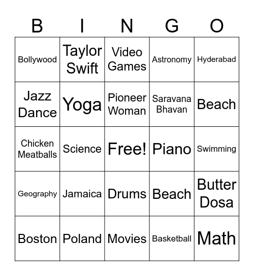 Student Interests Bingo Card