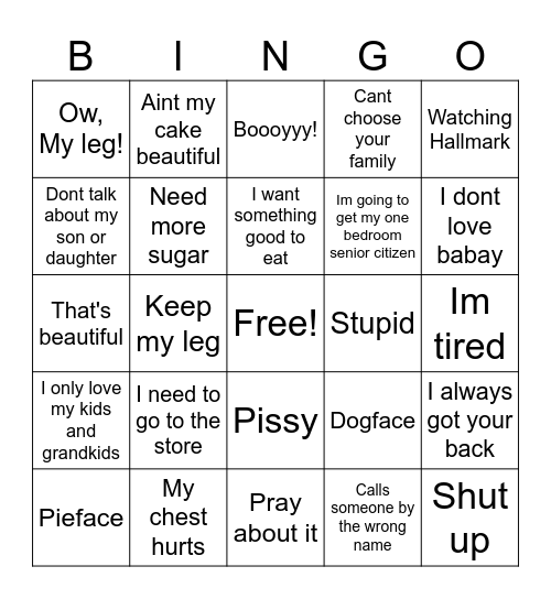 Grandma's Secret Sayings Bingo Card