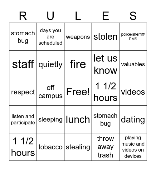 program guidelines Bingo Card