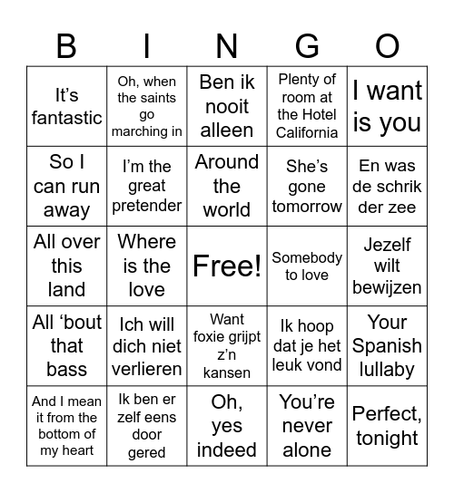 Doorzingers: Hoe gaat de tekst verder? Bingo Card