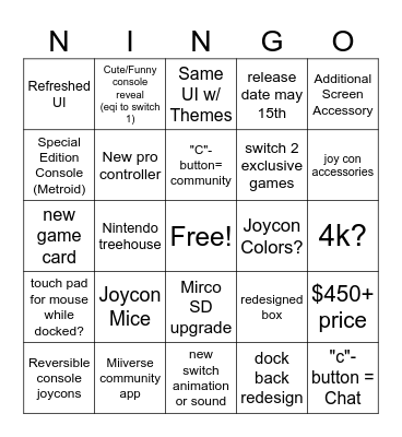 Ninten-go Switch 2 System Bingo Card