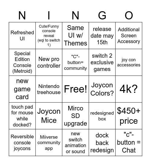 Ninten-go Switch 2 System Bingo Card